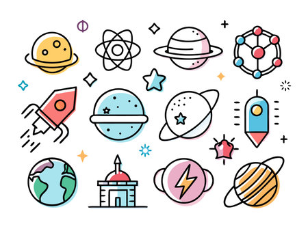 Whimsical space icons float against a white background.のイラスト素材