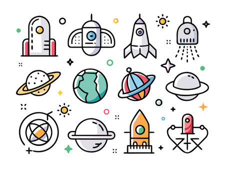 Various vibrant space elements create playful illustration.のイラスト素材