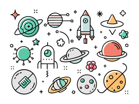 A collection of cute space icons in a playful, doodle style.のイラスト素材