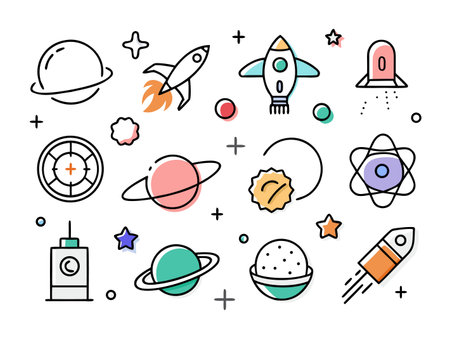 Vibrant space elements and planets float cheerfully aroundのイラスト素材