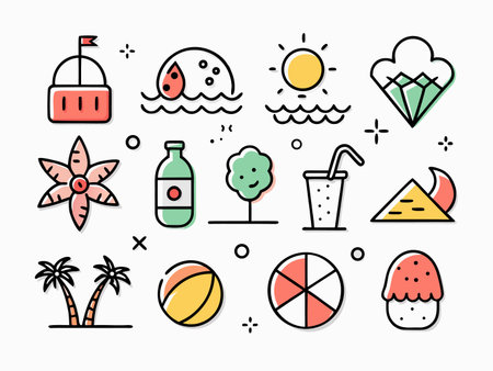 Summer elements with light, beach, watermelon and ball iconsのイラスト素材