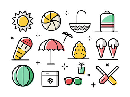 Cheerful summer icons illustration depicting seaside holidayのイラスト素材