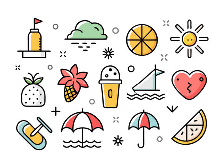 Summer fun icons arranged with bright colors on white pageのイラスト素材
