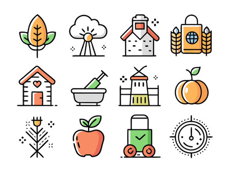 Colorful flat icons showcase agriculture and rural themesのイラスト素材