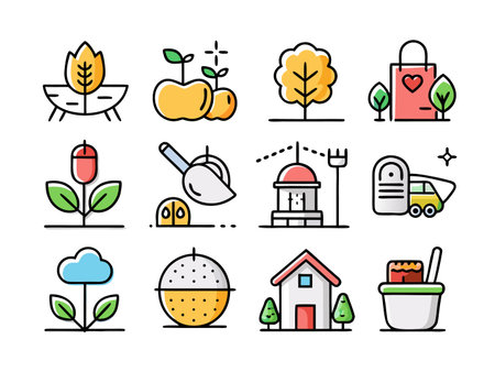 Nine cartoon buildings in a flat design vector illustrationのイラスト素材