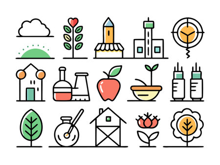 Illustrative farm symbols represent rural countryside style.のイラスト素材