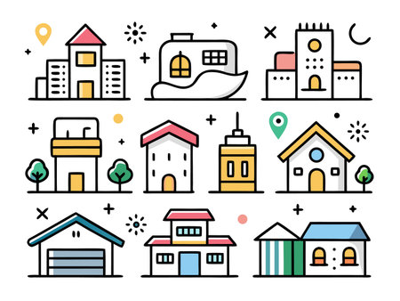 Nine different cute housing designs are laid out on a whiteのイラスト素材