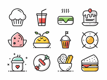 Cute assorted food and drink icon set in flat vector artのイラスト素材