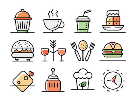 Collection of food and drink icons on a white backgroundのイラスト素材