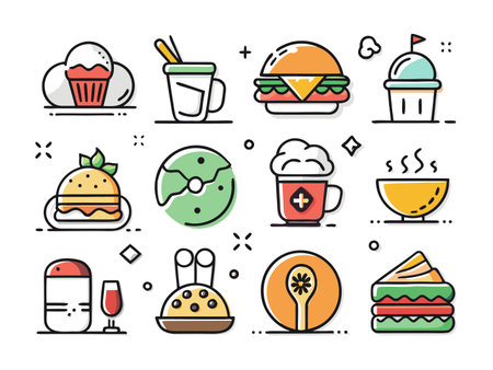 Collection of fast food items using line art and flat colorのイラスト素材