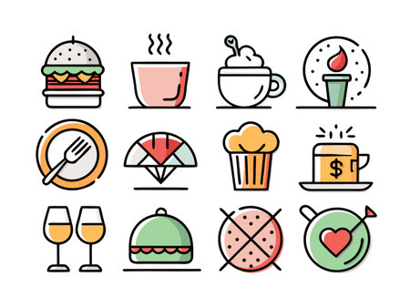 Colorful icon pattern featuring food, drinks, and symbols.のイラスト素材