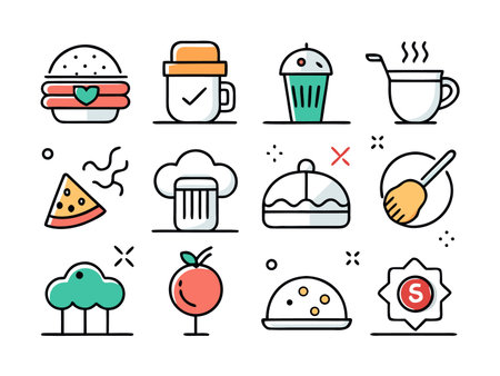 Collection of illustrated food and drink icons on whiteのイラスト素材