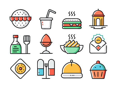 Various colorful food icons are arranged on a white layoutのイラスト素材