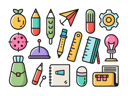 Illustration features colorful educational and office iconsのイラスト素材