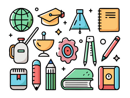 Colorful illustration of academic study and education toolsのイラスト素材