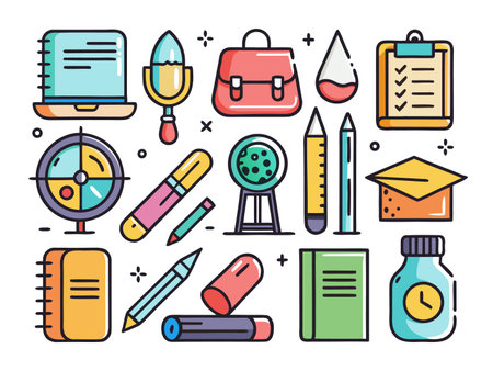 Colorful education icons showing academic tools and suppliesのイラスト素材