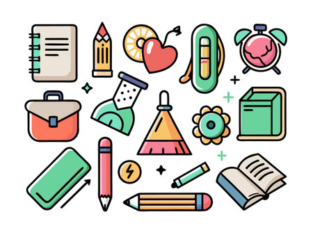 Colorful cartoon icon set featuring school and work objectsのイラスト素材