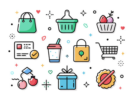 Assorted e-commerce icons in pastel colors against whiteのイラスト素材