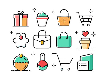 Colorful icons show gifts, shopping, and food in simple formのイラスト素材