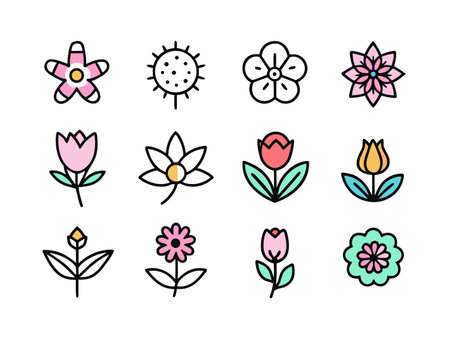 Whimsical floral icon set, cartoon style flowers and leavesのイラスト素材