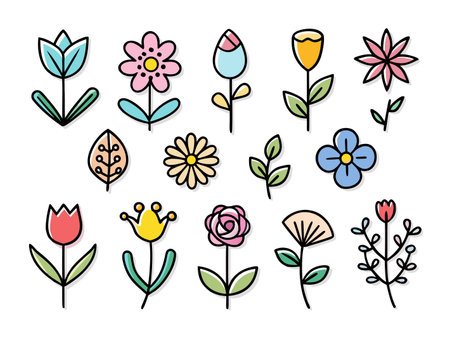 Colorful flower doodles in a playful, vector art style.のイラスト素材