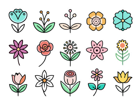Assorted wildflowers bloom in a playful cartoon illustrationのイラスト素材