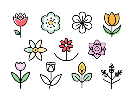 Twelve floral icons in varied colors and line art styleのイラスト素材