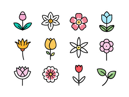 Twelve colorful flower icons with bold outlines on white.のイラスト素材