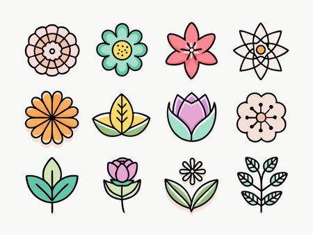 Stylized floral icons arranged neatly on a white surfaceのイラスト素材