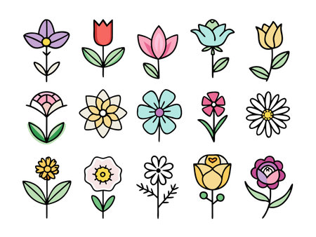 Collection of varied colorful flower illustrations on whiteのイラスト素材