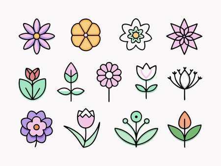 Collection of diverse floral icons in a flat design styleのイラスト素材
