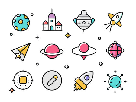 Cosmic adventure with cute colorful space icons and elementsのイラスト素材