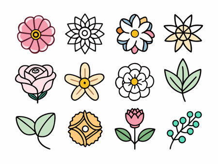 Twelve floral icons in various styles,isolated on whiteのイラスト素材