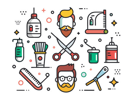Collection of barber shop line art tools and stylized menのイラスト素材
