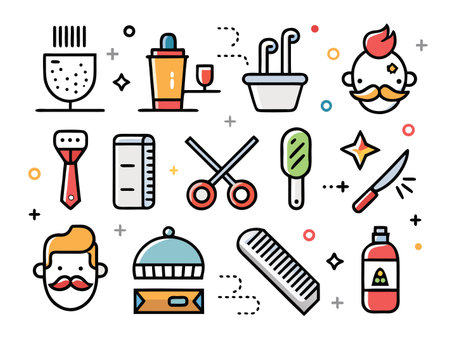 Stylized barber icons arranged, clean lines, on white canvasのイラスト素材