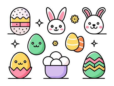 Cheerful cartoon Easter icons display joyful springtime moodのイラスト素材