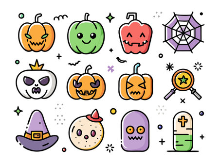 Collection of cute Halloween icons in modern outline styleのイラスト素材