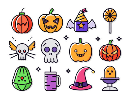 Whimsical cartoon Halloween icons in vibrant color paletteのイラスト素材