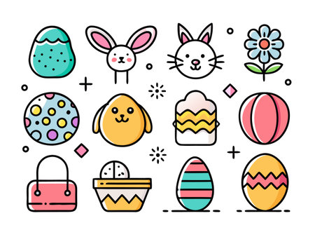 Colorful Easter icons pattern on white background flat layのイラスト素材