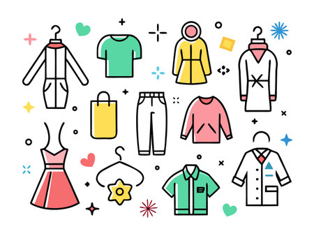 Various fashion apparel items are displayed in vibrant hues.のイラスト素材