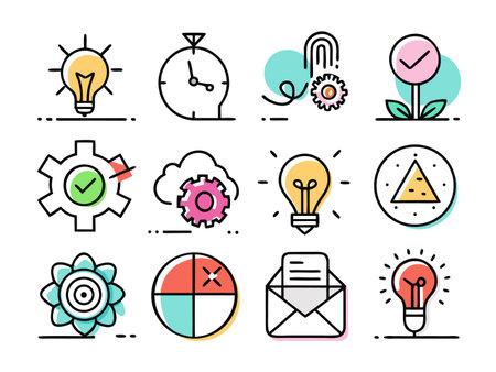Twelve colorful icons symbolizing concepts and productivityのイラスト素材