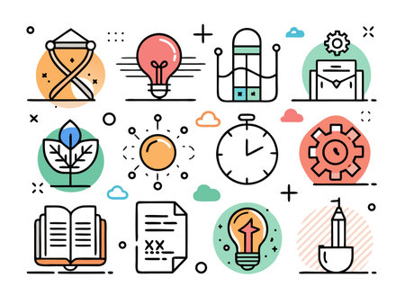 Colorful line art icons represent concepts and metaphorsのイラスト素材