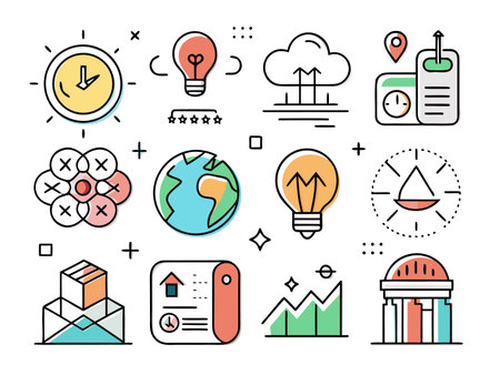 Colorful flat vector icons depict various abstract concepts.のイラスト素材