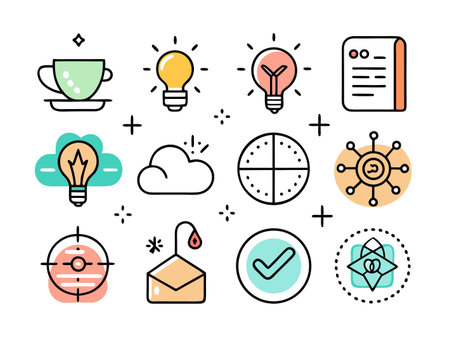 Various colorful conceptual line icons sit together neatly.のイラスト素材