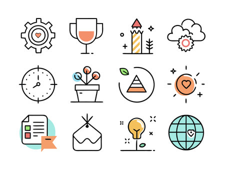 Stylized icons show goals, timelines, growth, and earth loveのイラスト素材