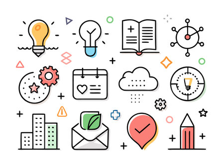 Set of colorful, stylized business icons on white backgroundのイラスト素材