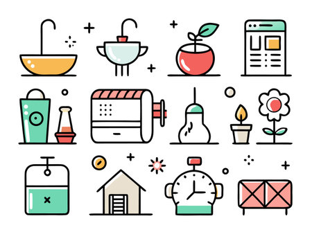 Whimsical assortment of colorful, outlined cartoon icons artのイラスト素材