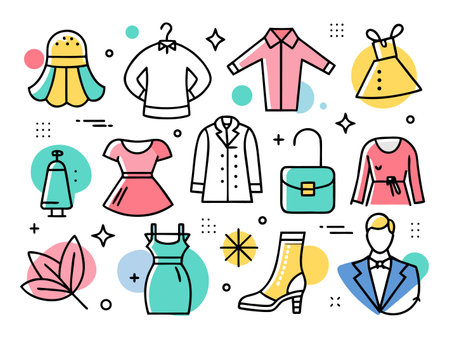 Colorful fashion outfit icons and accessories arrangementのイラスト素材