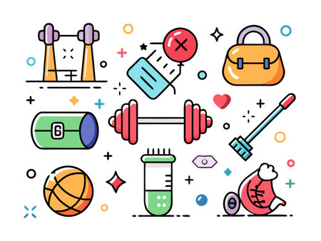 Colorful cartoon fitness icons for a healthy lifestyleのイラスト素材