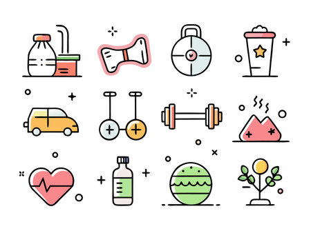 Flat lay style displays fitness icons for exercise routineのイラスト素材